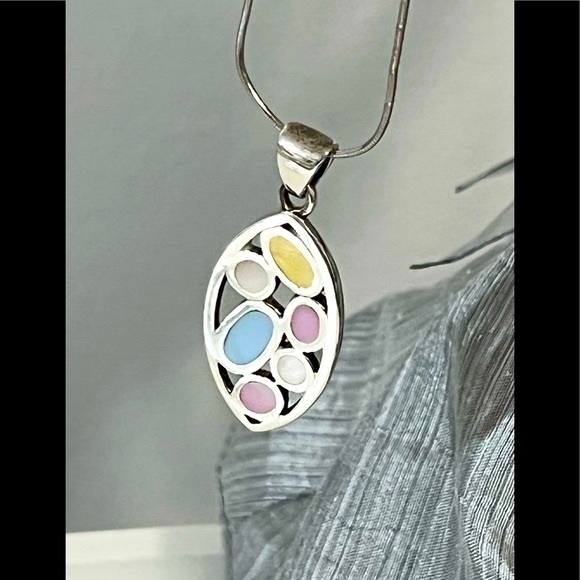 Silver Elegant Multi-Color Pendant for necklace, blue & pink - Picture 3 of 5
